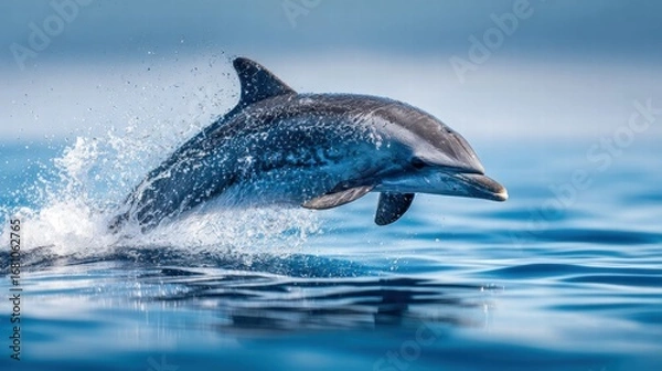 Fototapeta A dolphin gracefully leaps from the water, creating a stunning splash in the vast ocean.