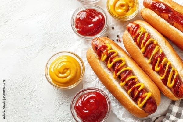 Fototapeta Delicious hot dogs topped with ketchup and mustard on a white surface overhead view