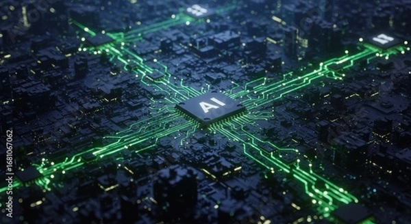 Fototapeta Abstract AI Circuit Board with Glowing Green Lines