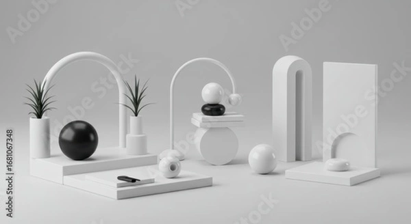 Fototapeta Abstract 3D Rendering of Geometric White and Black Shapes