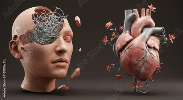 Fototapeta Fragmented Head and Intricate Heart 3D Render