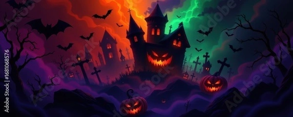 Fototapeta halloween artwork with jagged black shadows layered under glowing orange purple green lights, soft gradients emphasizing dimensional spooky abstract composition.