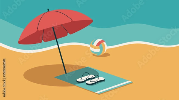 Fototapeta A beach scene with a red umbrella, a towel with flip flops, and a volleyball near the ocean waves
