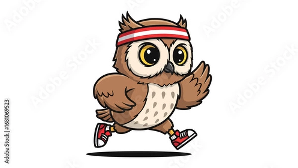 Fototapeta Owl's Fitness Journey: A vibrant cartoon of an owl running, adorned with a headband and sneakers, embodying energy and active lifestyle