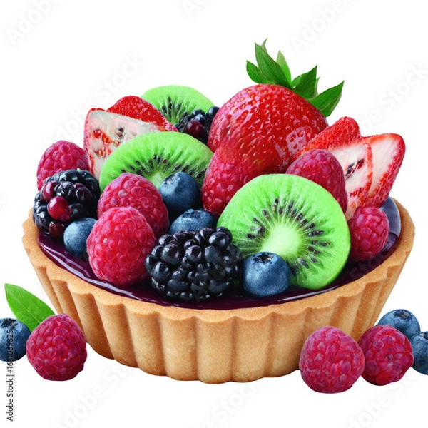 Obraz Colorful fruit tart with fresh berries, kiwi, and strawberries on a white background