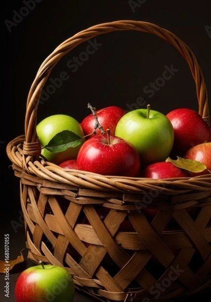 Fototapeta Red And Green Apples In A Brown Wicker Basket