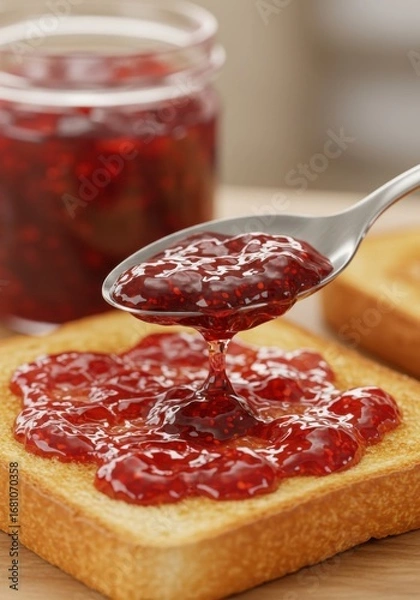 Fototapeta Red Berry Jam on Toasted Bread with Spoon