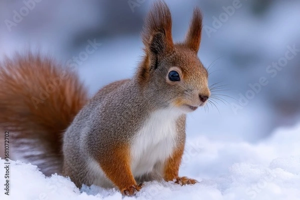 Fototapeta Close up of a squirrel in the snow showcasing its brown fur features and bushy tail in its natural habitat