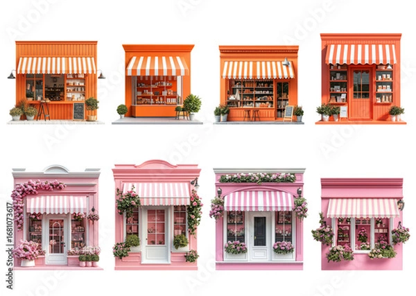 Fototapeta Colorful storefronts with striped awnings and flowers in urban setting