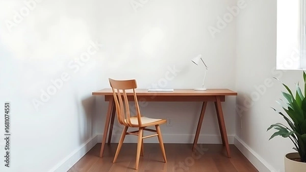 Fototapeta A clean and simple office corner featuring a wooden desk and chair under soft natural light.