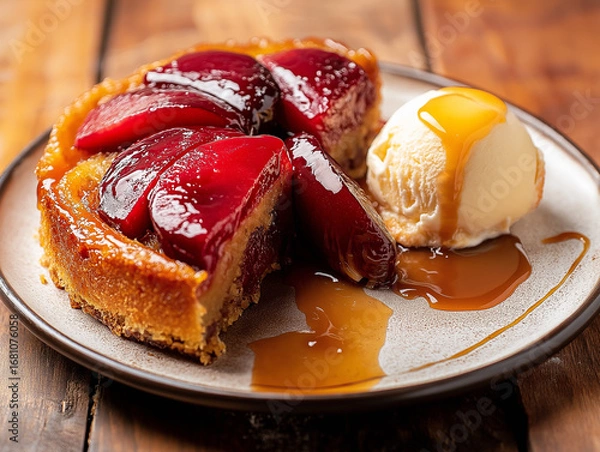 Fototapeta A rustic wooden table featuring a freshly baked upside-down plum cake with scoop of melting vanilla ice cream.