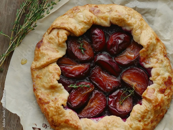 Fototapeta The plum pie is set on parchment paper over a rustic wooden surface, with a few sprigs of fresh thyme placed nearby