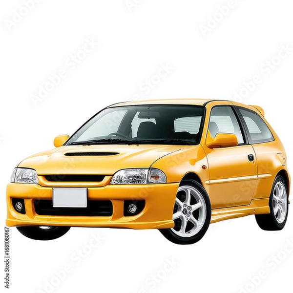 Obraz Vibrant Yellow Compact Car in Profile View on a White Background for Automotive Photography