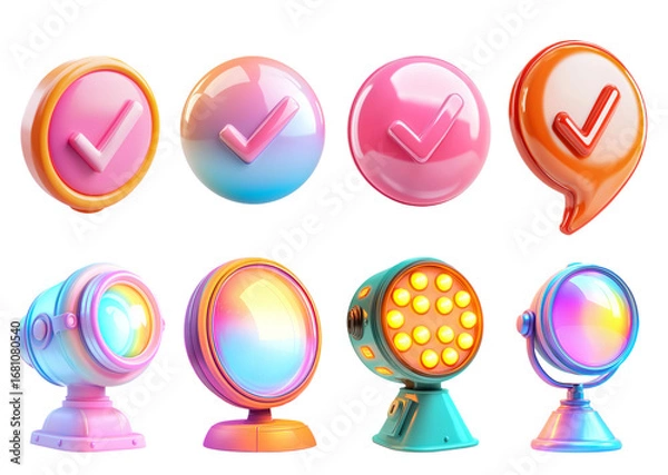 Fototapeta Colorful 3D Icons of Checkmarks, Speech Bubbles, and Spotlight in Pastel