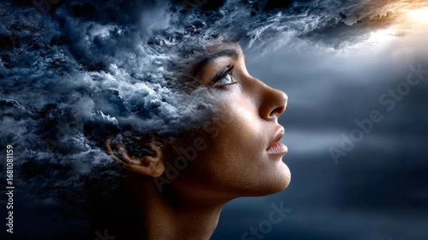 Obraz Woman facing storm clouds emerging from head symbolizing mental health issues