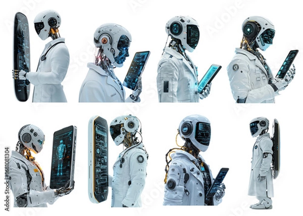 Fototapeta Futuristic Robots Using Technology in Various Poses and Perspectives