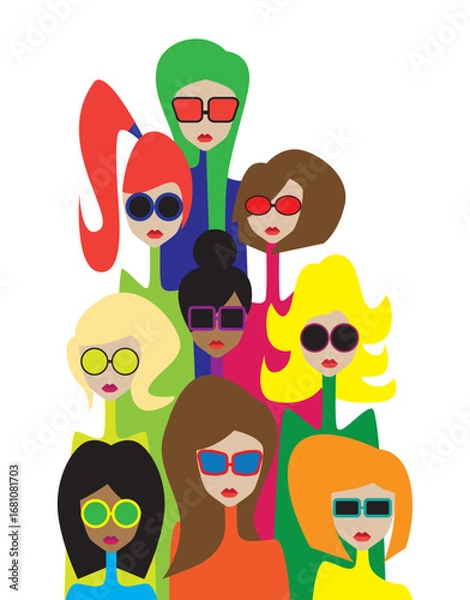 Fototapeta Beautiful girls team portrait on white background. Vector illustration. 
