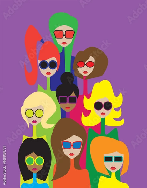 Fototapeta Beautiful girls team portrait on bright background. Vector illustration. 