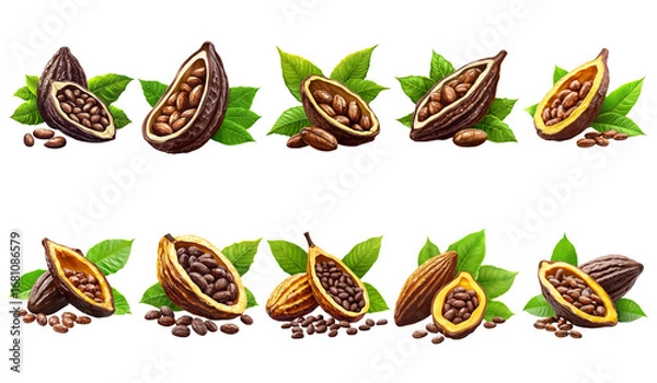 Fototapeta Colorful Cocoa Pods with Beans and Leaves Isolated on White Background