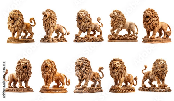 Fototapeta Detailed Set of Five Wooden Lion Statues in Various Poses and Styles
