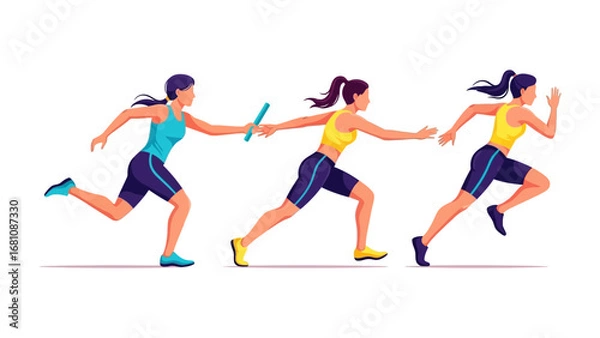 Fototapeta Relay Race Moment: A dynamic illustration captures the essence of teamwork and athleticism during a relay race, with three athletes in action. Emphasizing coordination, speed.
