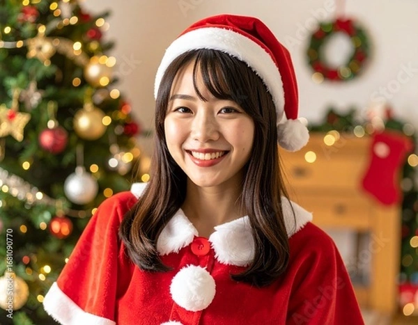 Fototapeta クリスマスにサンタ衣装を着た女性
