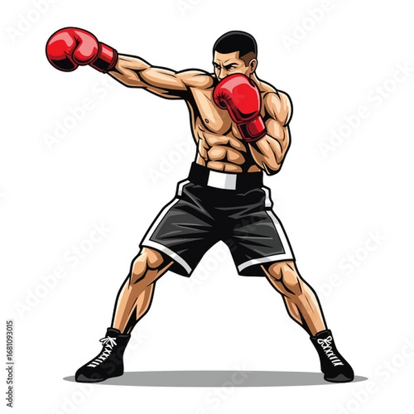 Fototapeta Focused Punch: A powerfully built boxer demonstrates an impactful punch in a dynamic illustration of strength and focus.