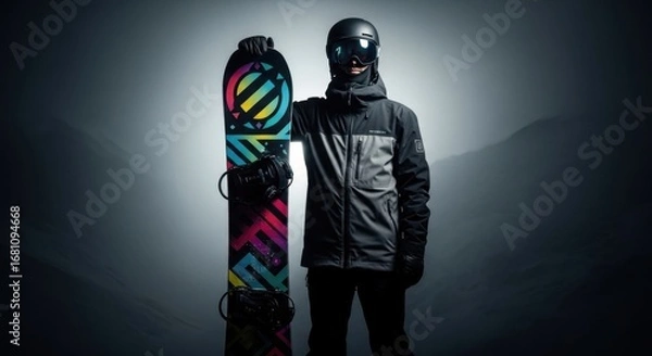 Fototapeta Snowboarder stands in striking black jacket and helmet, holding colorful snowboard against dramatic mountain backdrop during early morning light