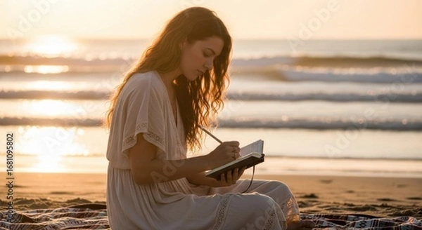 Fototapeta Soft waves lap at the shore as a woman sits on a blanket, writing in her notebook. Golden sunlight casts a warm glow, creating a peaceful atmosphere perfect for reflection