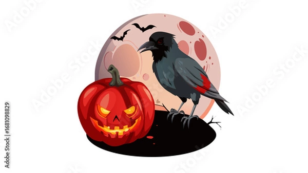 Fototapeta Vector art of halloween pumpkin with scary face and a crow