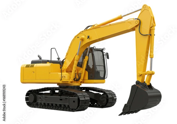 Fototapeta Isolated Excavator with Hydraulic Arm, Mechanical Digger, and Black Tracks on Construction Site