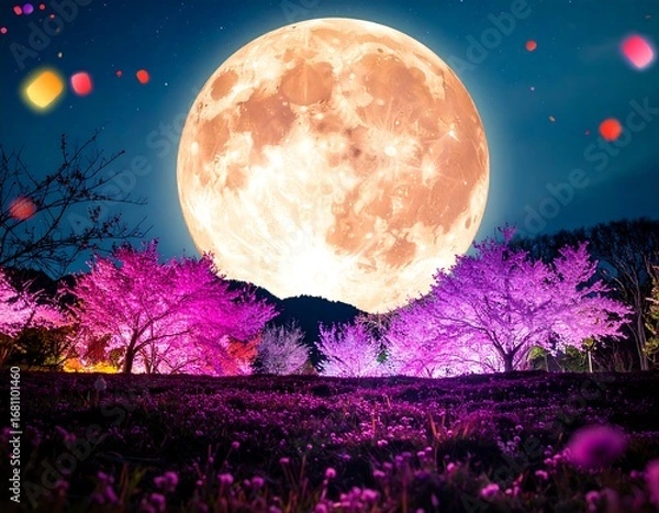 Obraz Full moon over illuminated cherry blossoms