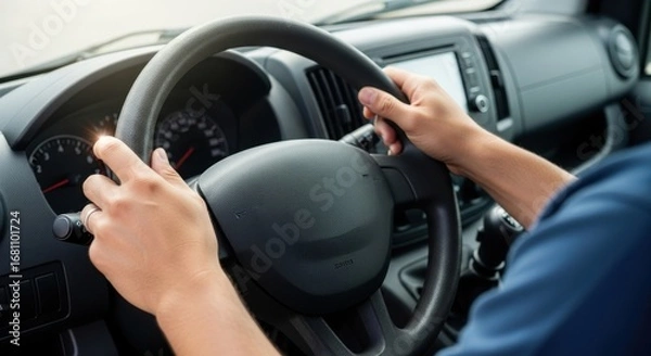 Fototapeta Hands are holding a steering wheel tightly while driving in a vehicle. Dashboard displays speedometer and other instruments. Focus is on safe navigation