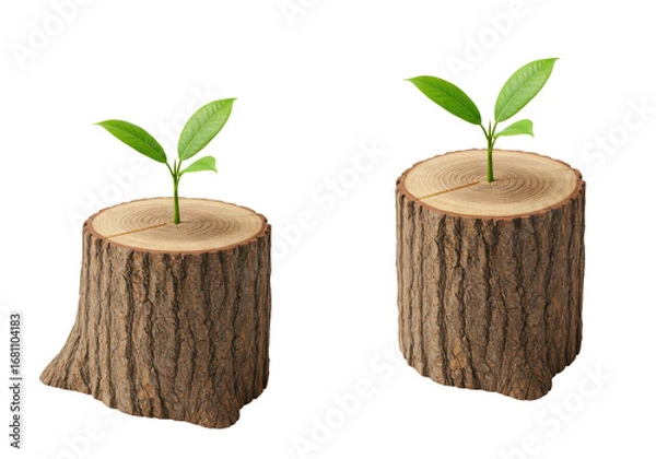 Fototapeta Isolated tree stumps with green plants sprouting from top surface in studio shot