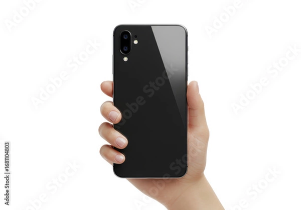 Fototapeta Isolated hand holding new model mobile phone with dual cameras, smart device closeup