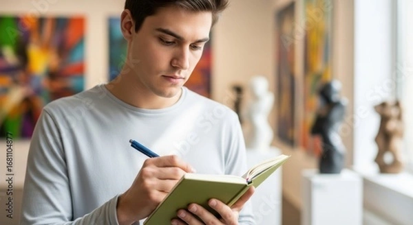 Fototapeta Young man focused on recording thoughts in notebook while admiring colorful artwork displayed in contemporary gallery. Natural light illuminates his concentration and surroundings