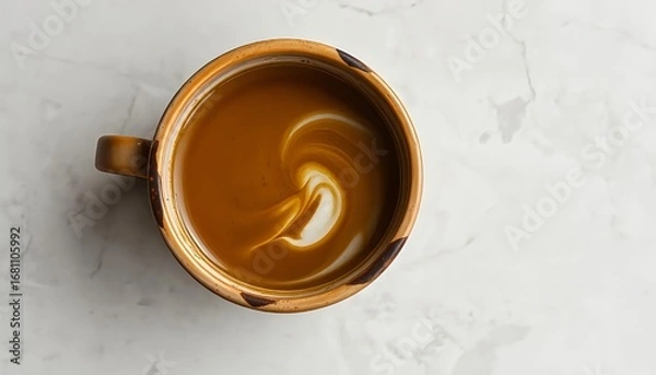 Fototapeta Delicious cafe latte art in brown mug on white marble table top view coffee drink