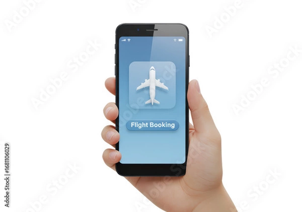 Fototapeta Isolated mobile app interface for flight booking held in hand, travel planning experience