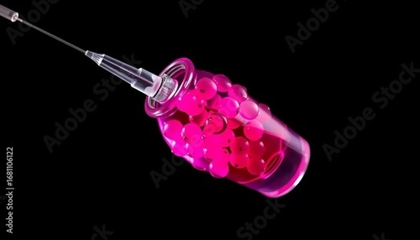 Fototapeta Pink liquid filled syringe with beads for medical research and development use