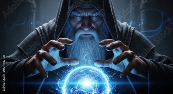 Fototapeta An elderly sorcerer in dark robes focuses intensely as he conjures a bright energy orb. Dynamic blue lightning emanates from the orb, illuminating the shadowy surroundings of the chamber