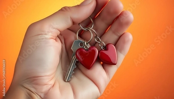 Fototapeta New home keys with heart charms in hand real estate love and property concept