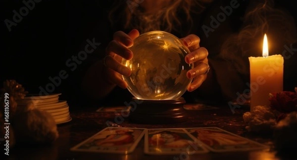 Fototapeta Hands gently hold a crystal ball surrounded by tarot cards and a flickering candle. The dimly lit atmosphere enhances the mysterious vibe of the fortune-telling ritual