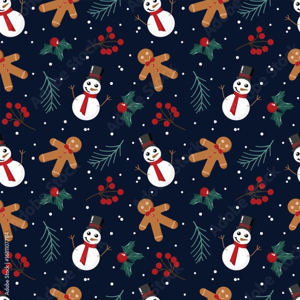 Obraz Seamless pattern of snowmen, gingerbread men, holly leaves, red berries and pine needles on a Christmas theme. Navy blue background with white snow for decoration, wrapping paper, textiles,merchandise
