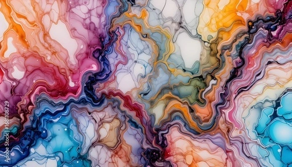 Fototapeta Translucent alcohol ink abstract background with multicolored marble fluid art texture