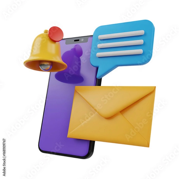 Fototapeta 3d illustration of a smartphone with a notification bell chat bubble and email envelope icons symbolizing communication and alerts isolated on transparent background