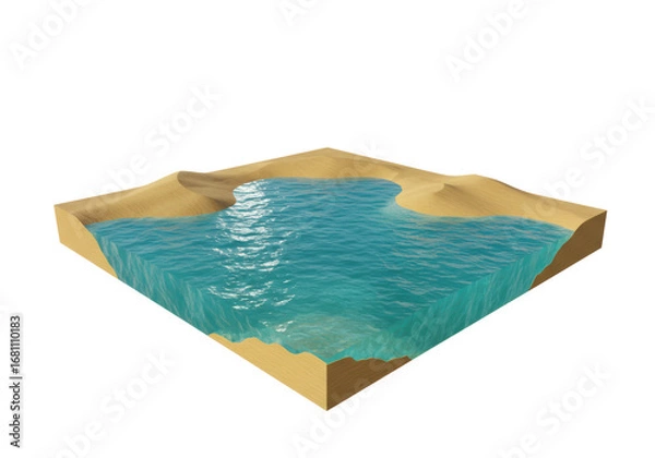 Fototapeta Isolated section of earth with a lake showing the different levels of sand and water cutaway