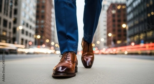 Fototapeta Man walks along busy city street in stylish brown dress shoes. The setting sun casts warm glow on high-rise buildings. Motion blurred cars pass by, creating dynamic urban atmosphere
