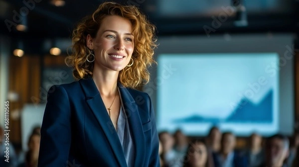 Fototapeta Confident Businesswoman Leading a Presentation in Modern Office