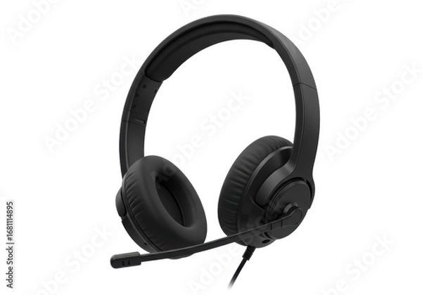 Fototapeta Isolated black headset with microphone for playing games and communicating online, studio shot
