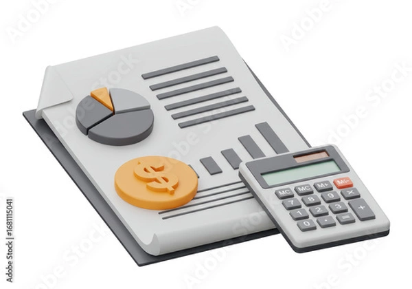 Fototapeta Isolated financial analysis paperwork with calculator and dollar coin for business accounting